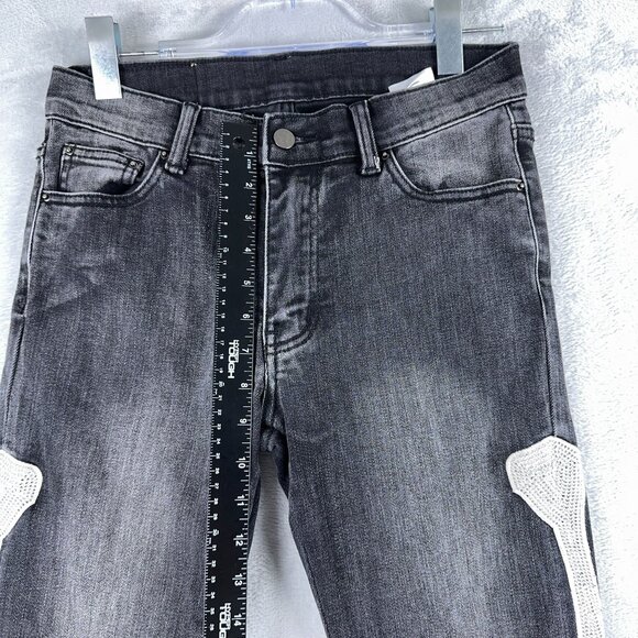 MNML Skinny Jeans Mens Size 30 Skeleton Bone Embellished Mid Rise Black - Picture 7 of 12